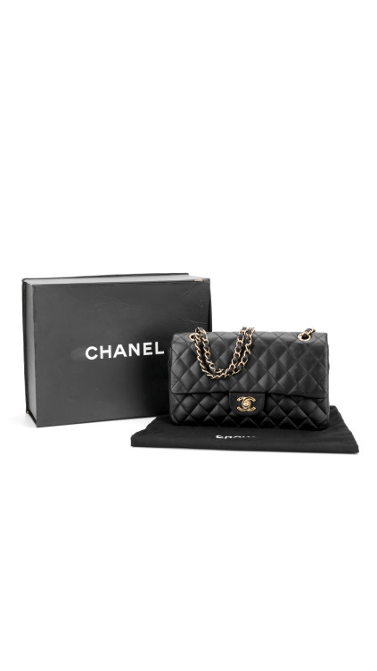 Chanel Classic Double Flap Bag i Size Medium Sort Lammeskinn