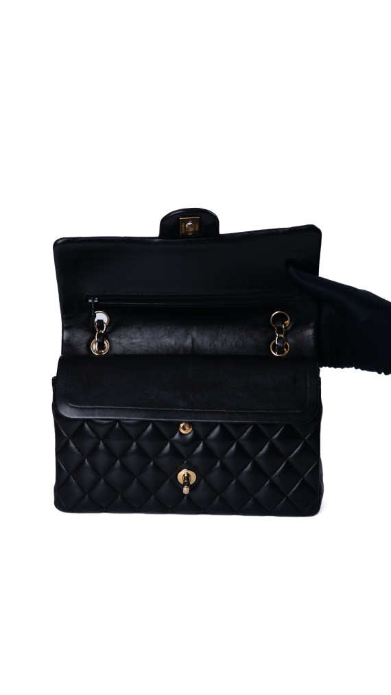 Chanel Classic Double Flap Bag i Size Medium Sort Lammeskinn