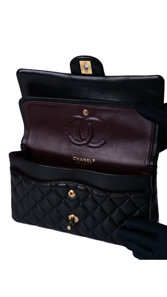 Chanel Classic Double Flap Bag i Size Medium Sort Lammeskinn