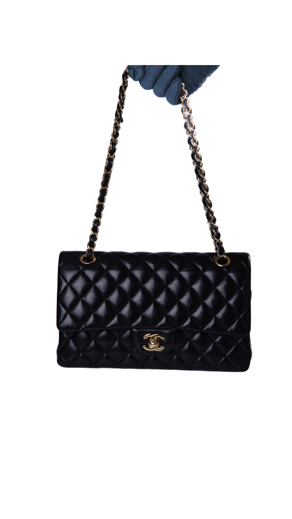Chanel Classic Double Flap Bag i Size Medium Sort Lammeskinn