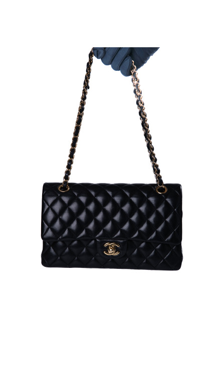 Chanel Classic Double Flap Bag i Size Medium Sort Lammeskinn