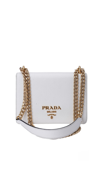 Prada Bauletto Saffiano Leather Shoulder Bag i Hvit