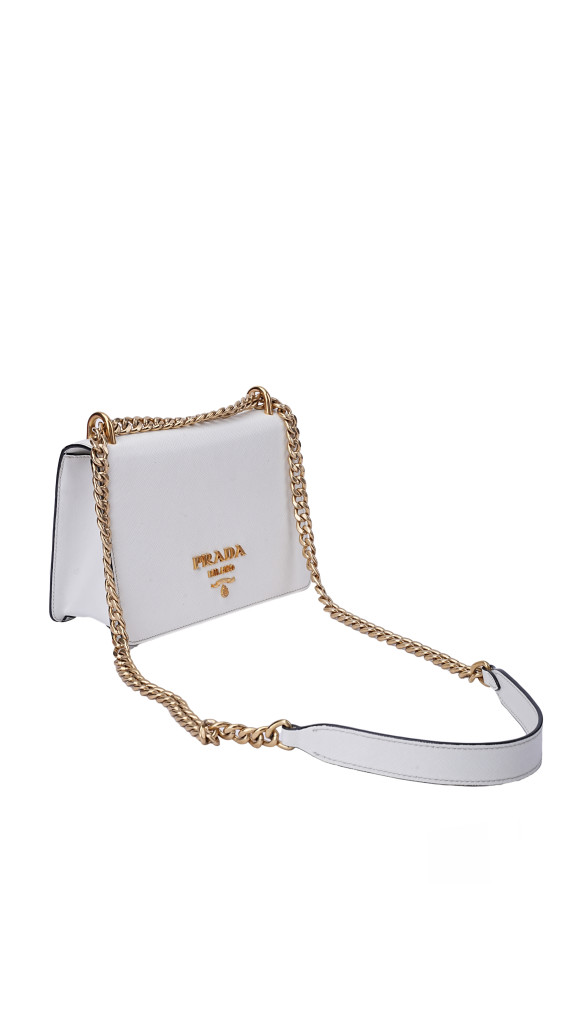 Prada Bauletto Saffiano Leather Shoulder Bag i Hvit