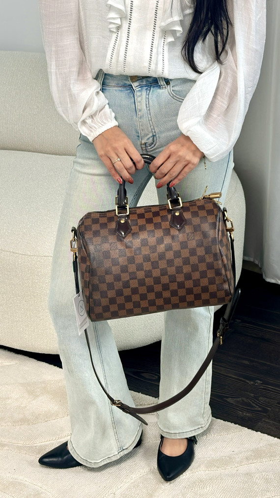 Louis Vuitton Damier Ebene Speedy 30 Crossbody Shoulder Bag