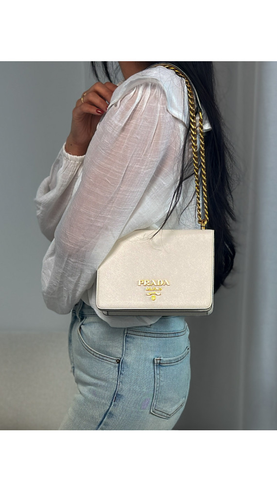 Prada Bauletto Saffiano Leather Shoulder Bag i Hvit