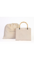 Gucci Beige Monogram Bamboo Handle Tote Bag