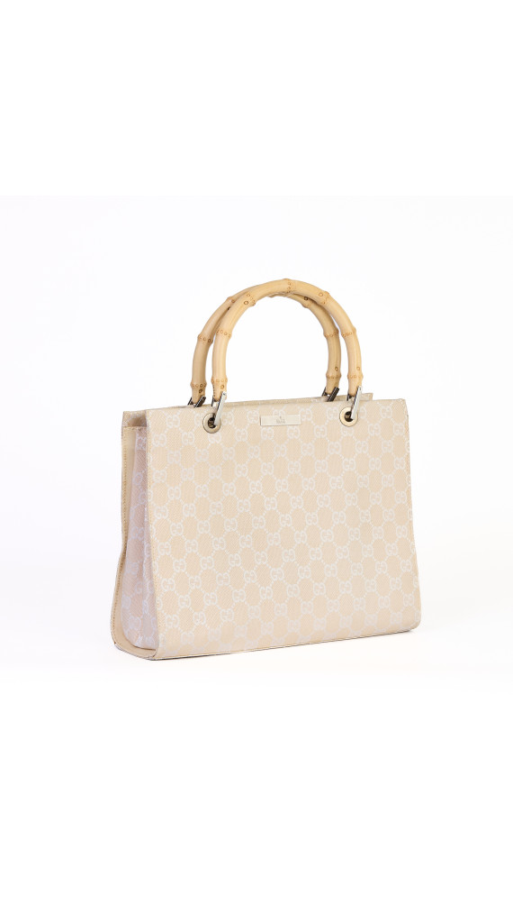 Gucci Beige Monogram Bamboo Handle Tote Bag