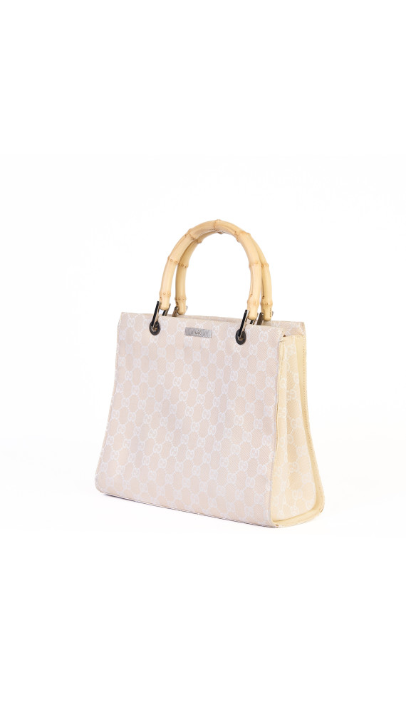 Gucci Beige Monogram Bamboo Handle Tote Bag