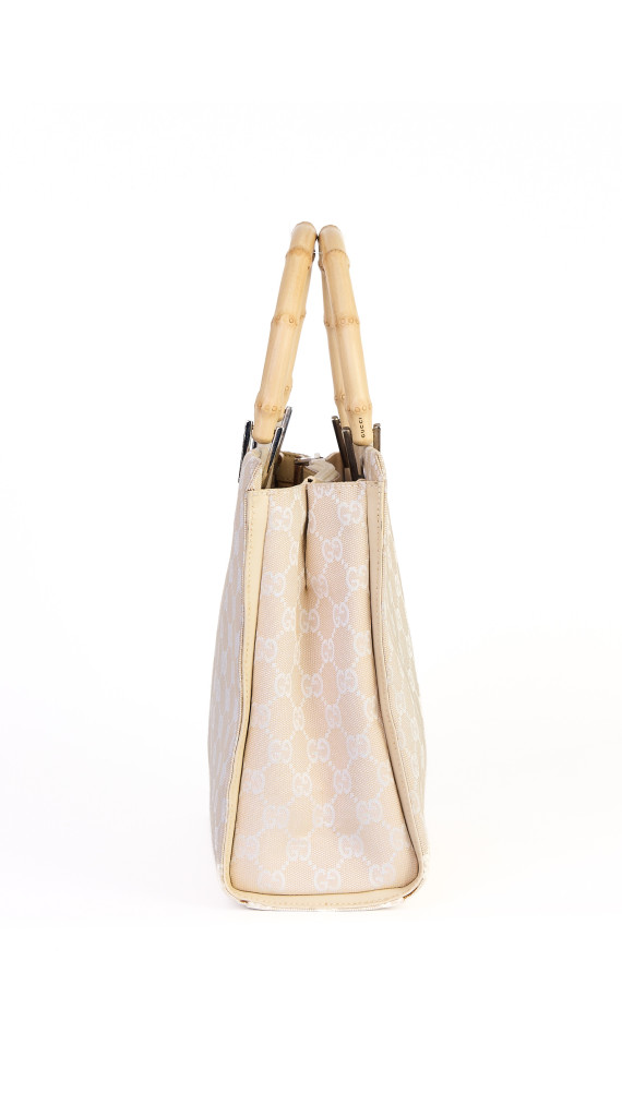 Gucci Beige Monogram Bamboo Handle Tote Bag