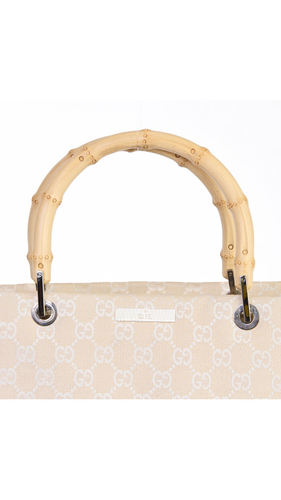 Gucci Beige Monogram Bamboo Handle Tote Bag