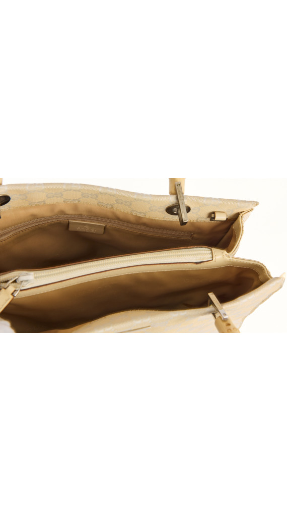 Gucci Beige Monogram Bamboo Handle Tote Bag