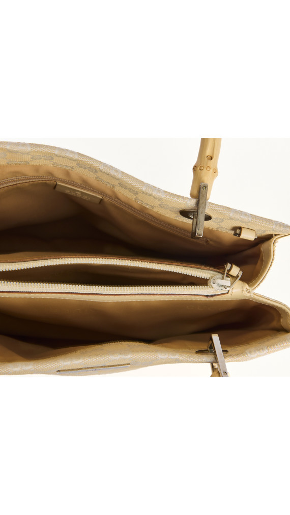 Gucci Beige Monogram Bamboo Handle Tote Bag