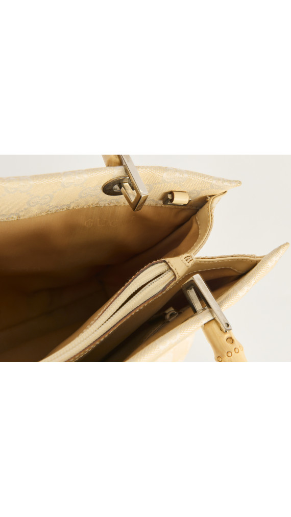 Gucci Beige Monogram Bamboo Handle Tote Bag