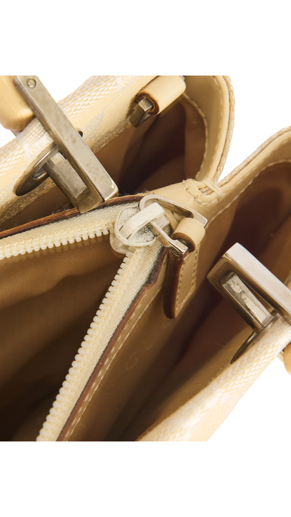 Gucci Beige Monogram Bamboo Handle Tote Bag