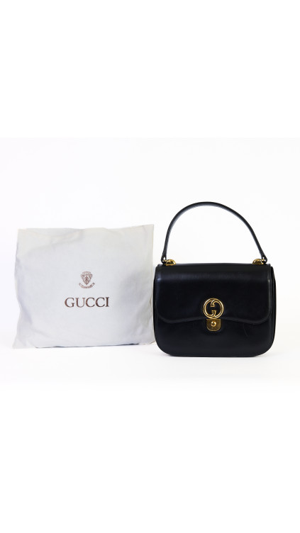 Gucci Vintage Håndveske i Sort Skinn med Gull GG-lås