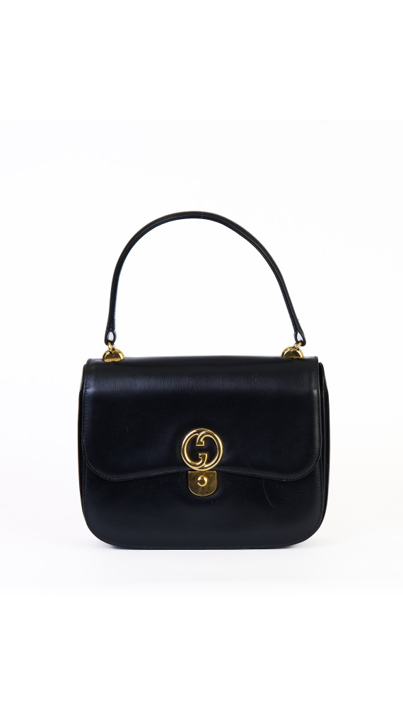 Gucci Vintage Håndveske i Sort Skinn med Gull GG-lås