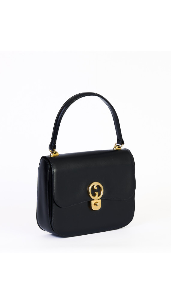 Gucci Vintage Håndveske i Sort Skinn med Gull GG-lås