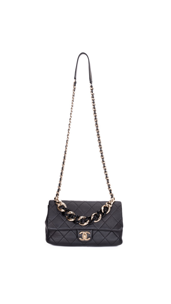 Chanel 19 Flap Bag i Sort Skinn med Gyllen Kjede