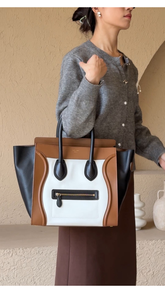 Celine Luggage Tote Tricolor i Brun, Sort og Hvit