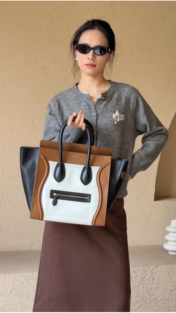 Celine Luggage Tote Tricolor i Brun, Sort og Hvit