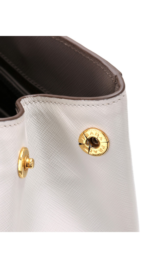 Prada Galleria Double Zip Tote i Grå og Hvit Saffiano-skinn