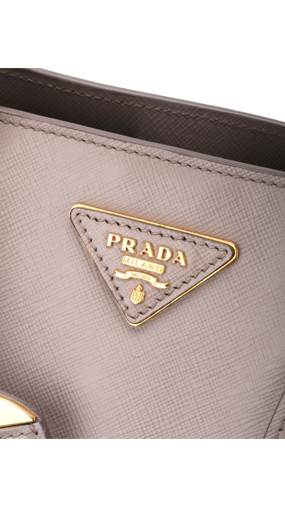 Prada Galleria Double Zip Tote i Grå og Hvit Saffiano-skinn