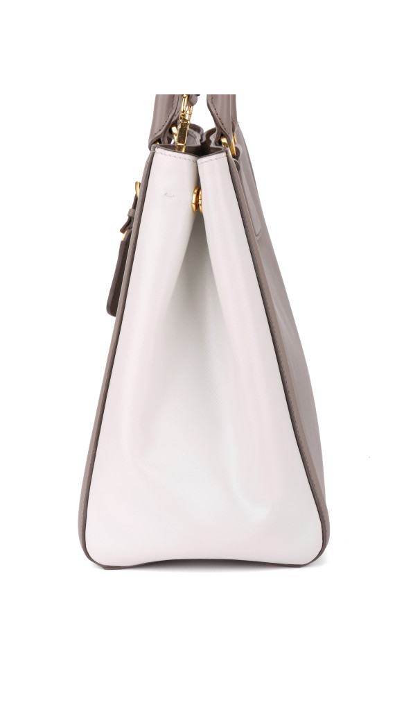 Prada Galleria Double Zip Tote i Grå og Hvit Saffiano-skinn