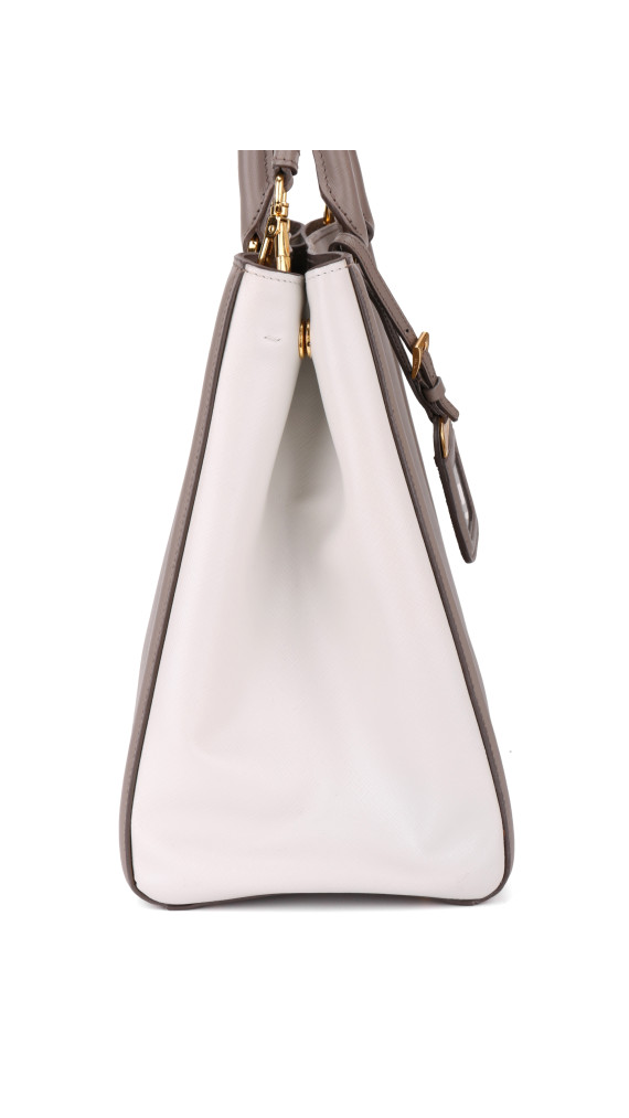 Prada Galleria Double Zip Tote i Grå og Hvit Saffiano-skinn