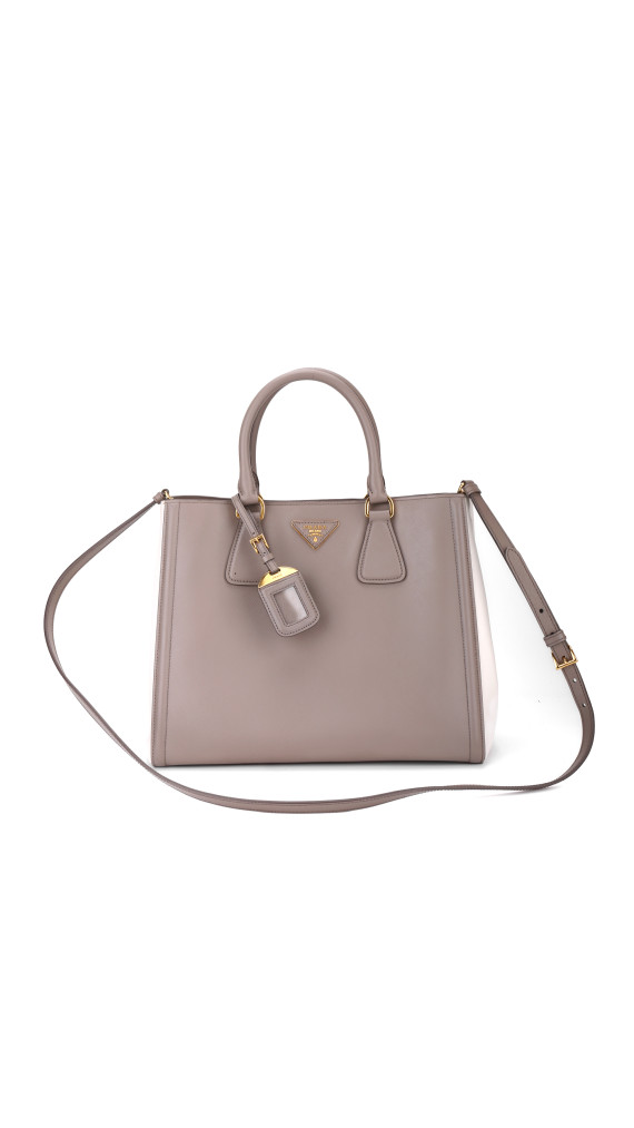 Prada Galleria Double Zip Tote i Grå og Hvit Saffiano-skinn
