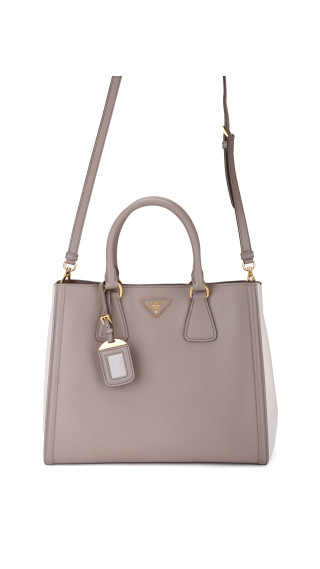 Prada Galleria Double Zip Tote i Grå og Hvit Saffiano-skinn