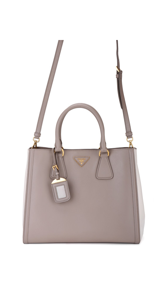 Prada Galleria Double Zip Tote i Grå og Hvit Saffiano-skinn