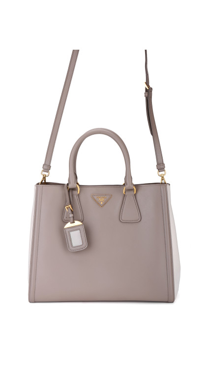 Prada Galleria Double Zip Tote i Grå og Hvit Saffiano-skinn