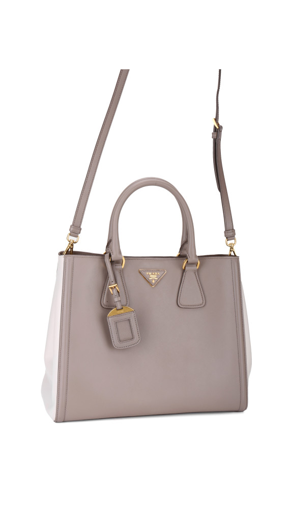 Prada Galleria Double Zip Tote i Grå og Hvit Saffiano-skinn