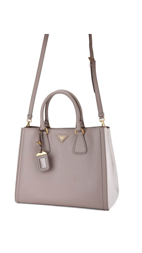 Prada Galleria Double Zip Tote i Grå og Hvit Saffiano-skinn
