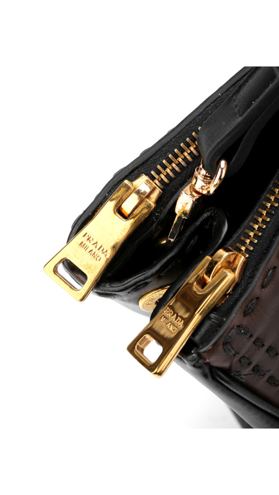 Prada Double Tote Bag i To-farget Skinn – Brun og Sort