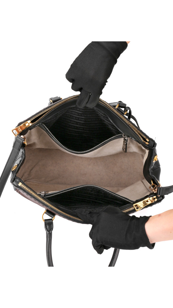 Prada Double Tote Bag i To-farget Skinn – Brun og Sort