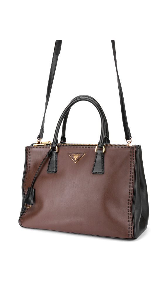 Prada Double Tote Bag i To-farget Skinn – Brun og Sort