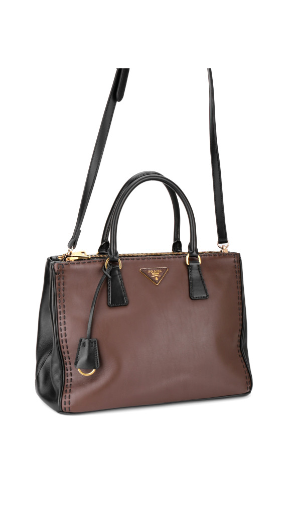 Prada Double Tote Bag i To-farget Skinn – Brun og Sort