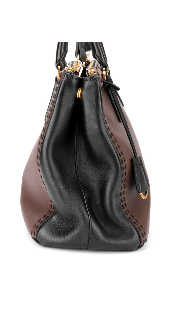 Prada Double Tote Bag i To-farget Skinn – Brun og Sort