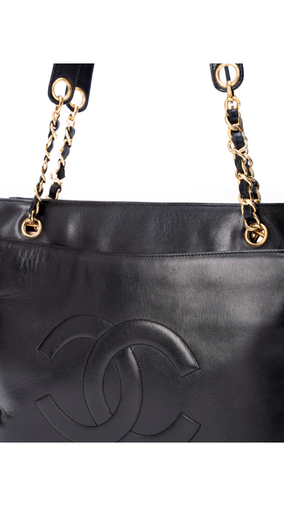 Chanel Vintage Tote Bag i Sort Skinn med Gullkjetting