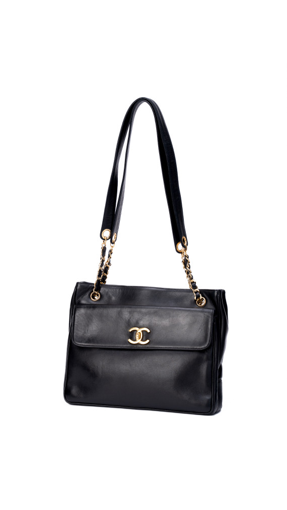 Chanel Vintage Tote Bag i Sort Skinn med Gullkjetting
