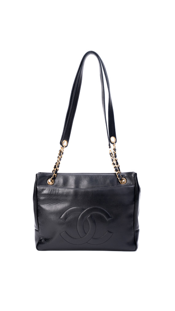 Chanel Vintage Tote Bag i Sort Skinn med Gullkjetting