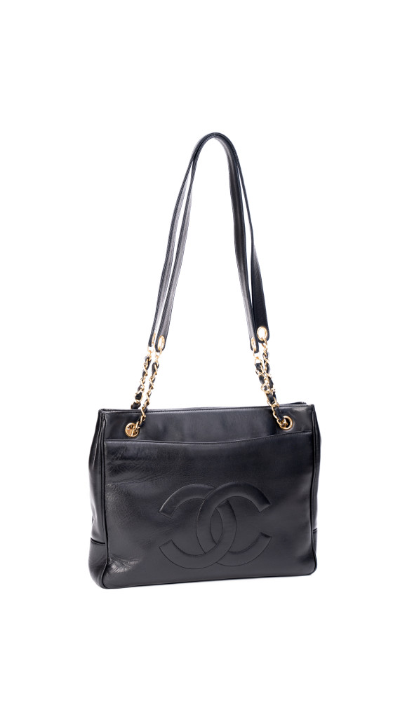 Chanel Vintage Tote Bag i Sort Skinn med Gullkjetting