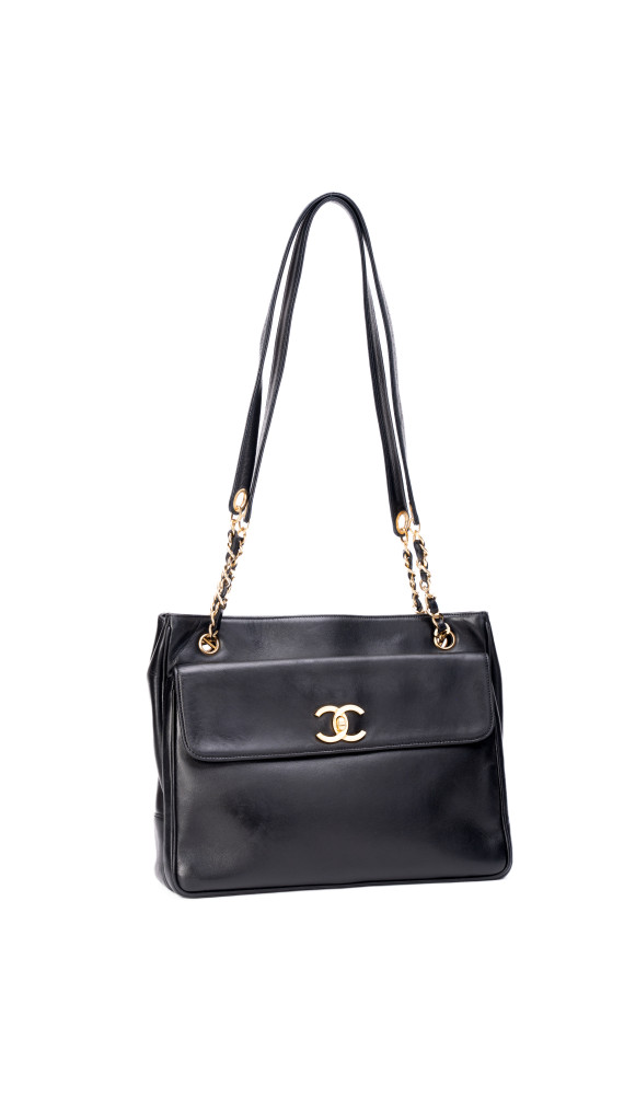Chanel Vintage Tote Bag i Sort Skinn med Gullkjetting