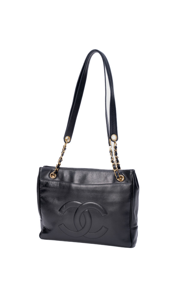 Chanel Vintage Tote Bag i Sort Skinn med Gullkjetting
