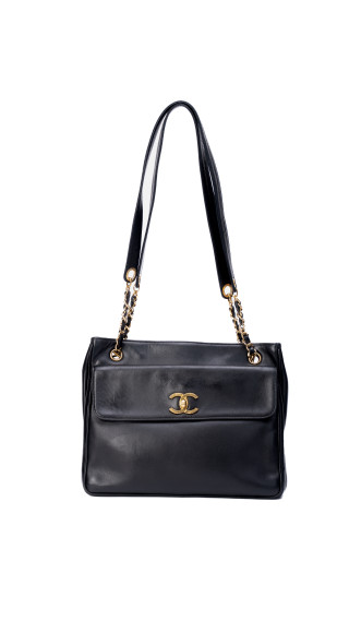 Chanel Vintage Tote Bag i Sort Skinn med Gullkjetting