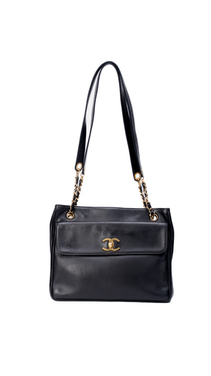 Chanel Vintage Tote Bag i Sort Skinn med Gullkjetting