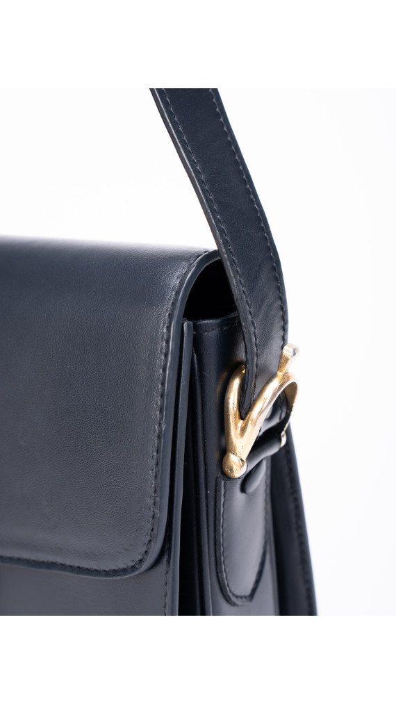 Vintage Céline Skulderveske med Gullspenne – Mørkeblå Kalveskinn