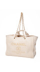 CHANEL Deauville Tote i Beige Lerret med Kjettinghåndtak