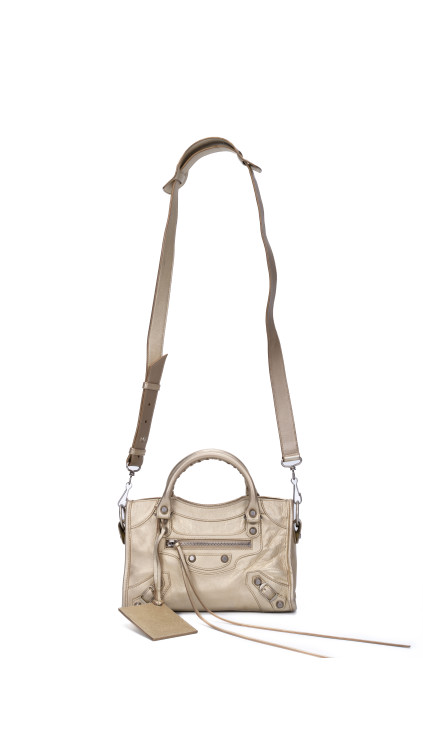 Balenciaga Mini City Bag i metallisk beige skinn